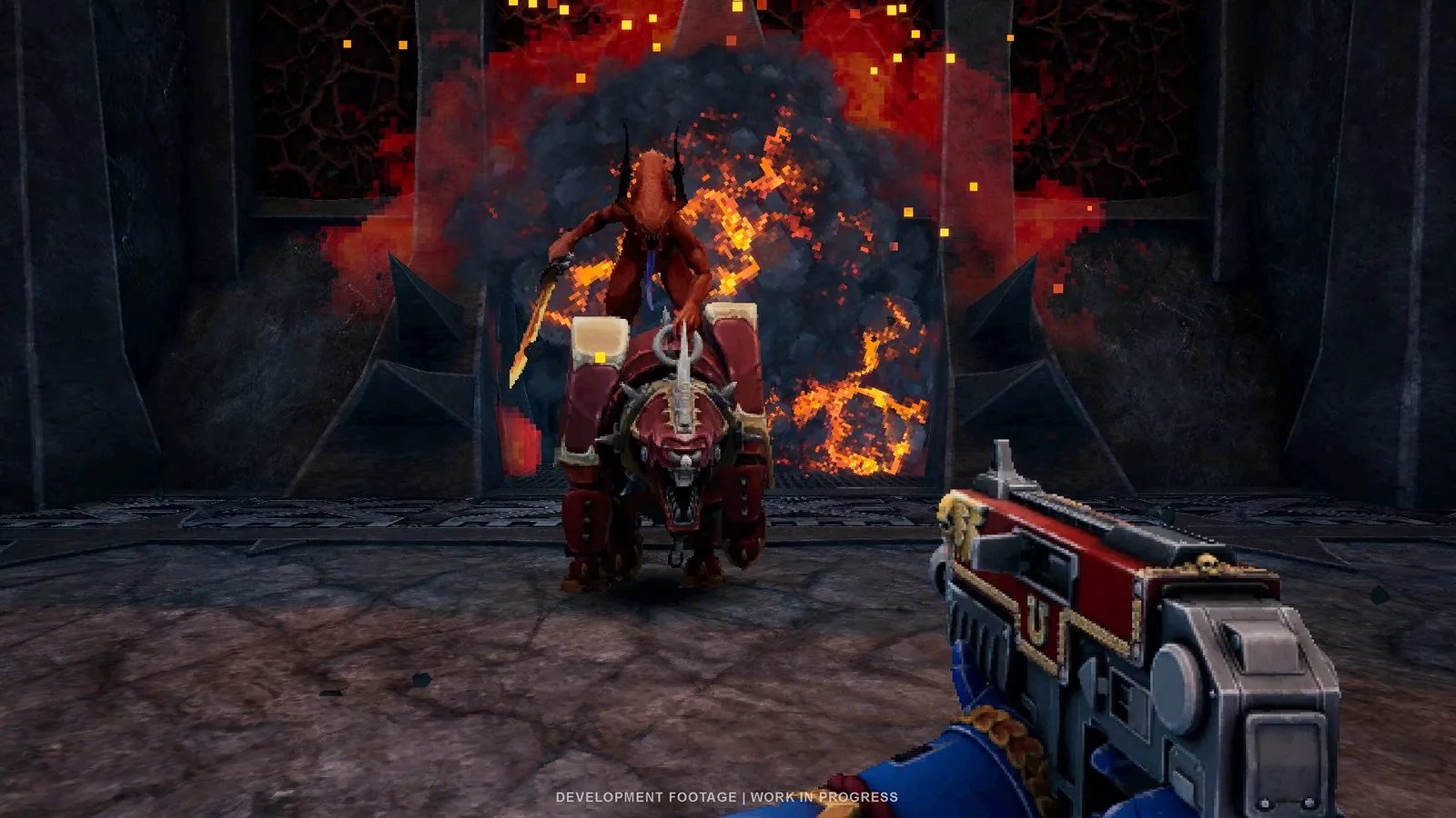 Boltgun 2 Bloodcrusher, a Bloodletter riding a Juggernaut through fire