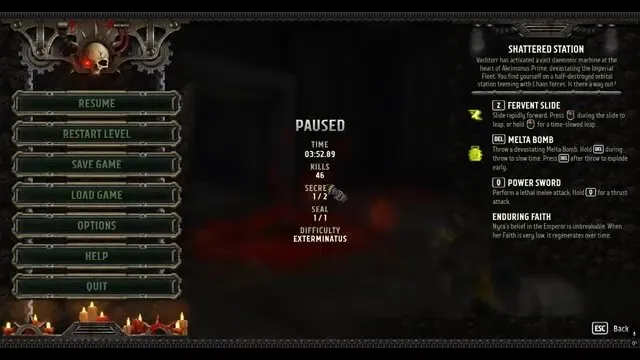 Boltgun 2 pause menu with Secrets 1/2 and Seal 1/1