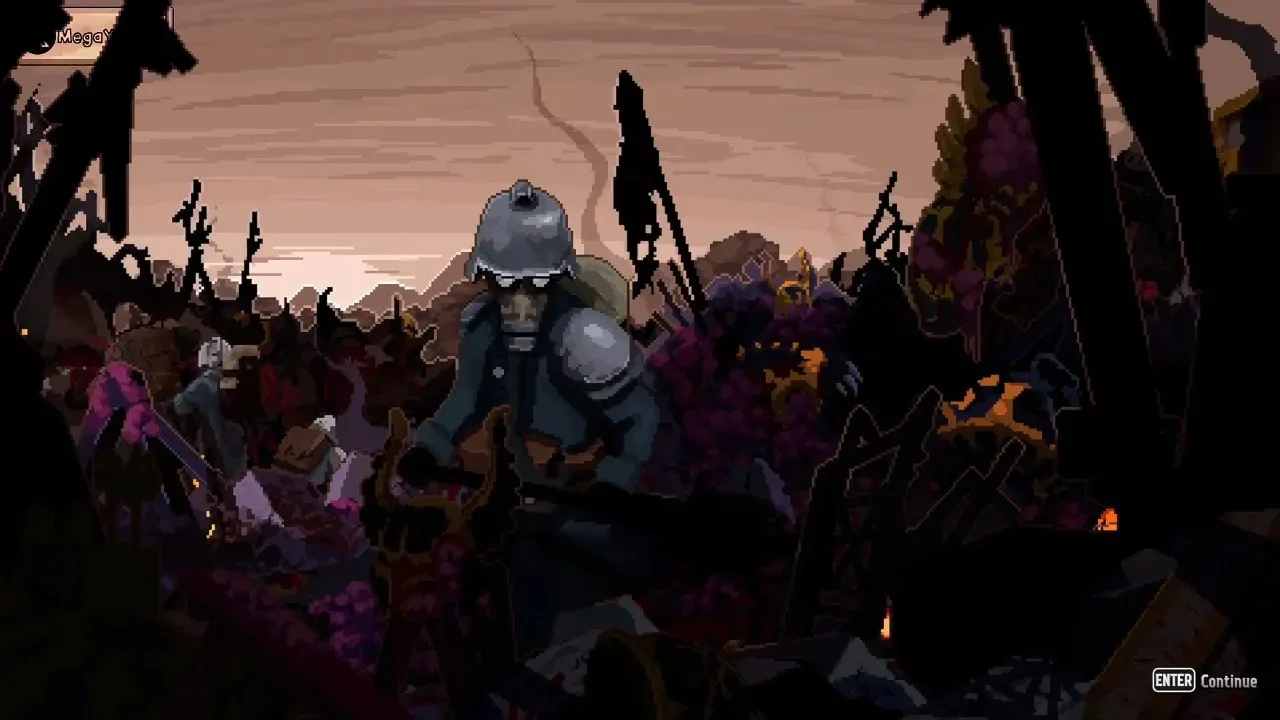 Boltgun 2 ending cutscene with a Death Korps of Krieg trooper standing in the ruins